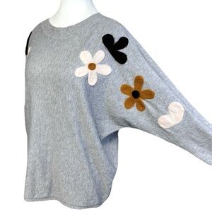 Aaeda Dolman Sleeves Floral Flower Applique Patch Pullover Sweater M Gray SOFT